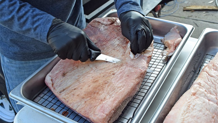 Use a very sharp knife trimming this to a quarter inch in thickness. 